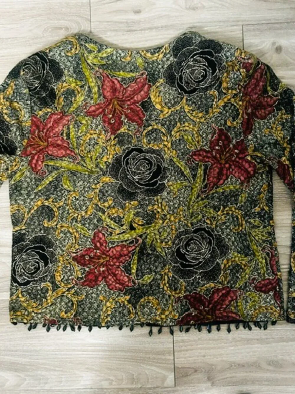 Dressbarn Collection Ladies Eve Open Jacket XL Black Red and Gold Floral Read